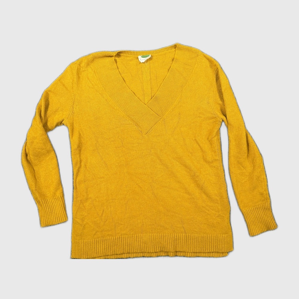 Anthropologie Mustard Yellow V-Neck Pullover Sweater XS Long Sleeve Ribbed Trim
